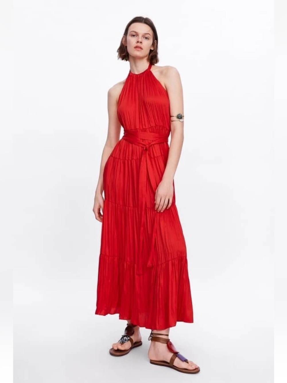 Zara Red Halter-Neck Tiered Maxi Dress